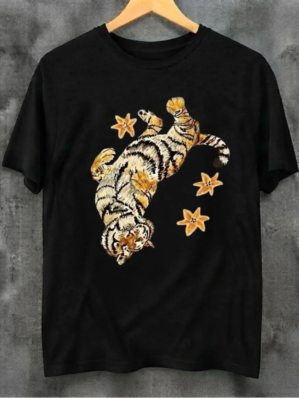Gildan Black Tee with Orange Tiger and Flower Graphic